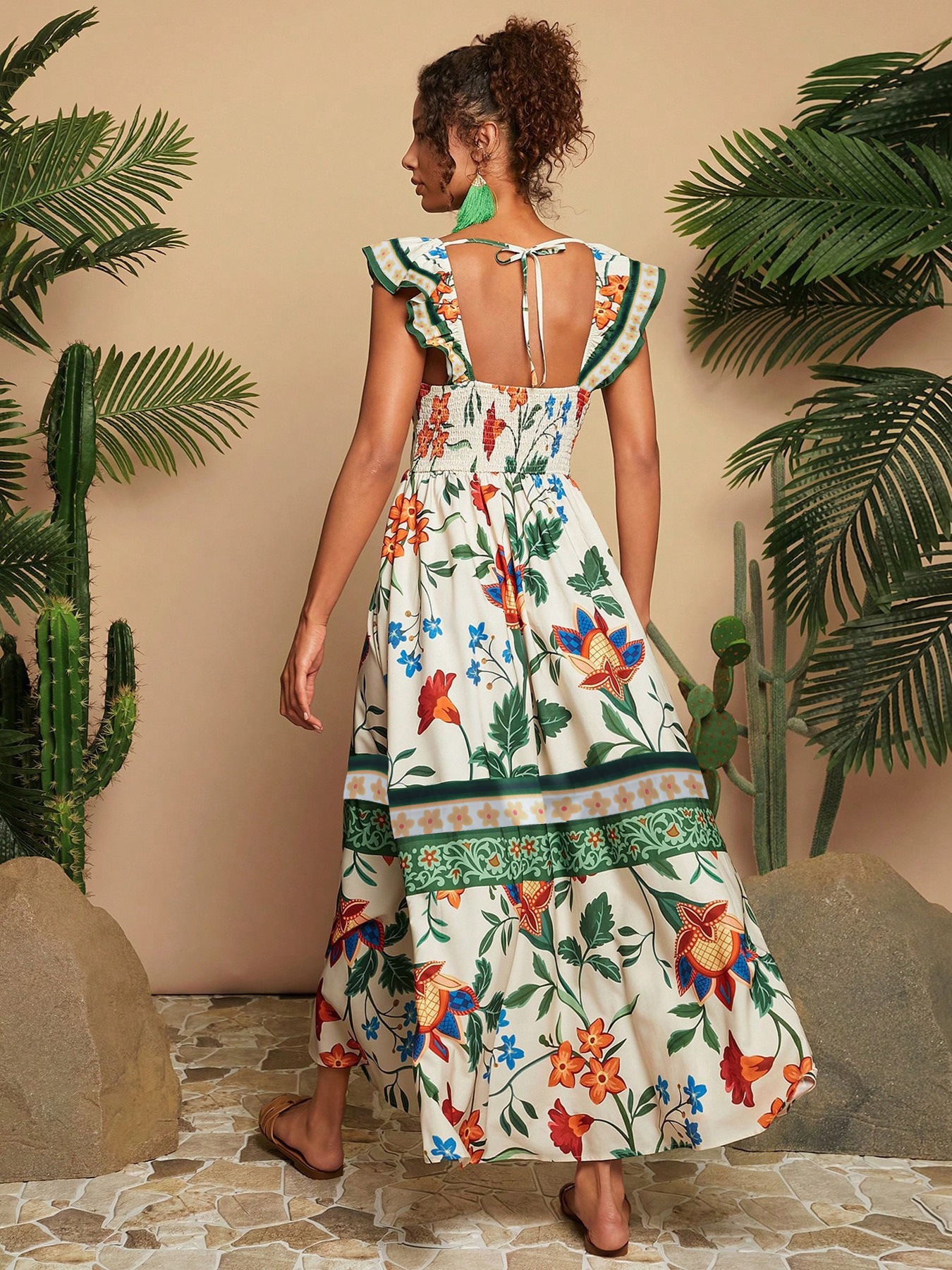 2026 Women's Tropical Print V-Neck Off-Shoulder Short-Sleeve Dress, Vacation, Summer, Summer Women's Clothing image 2