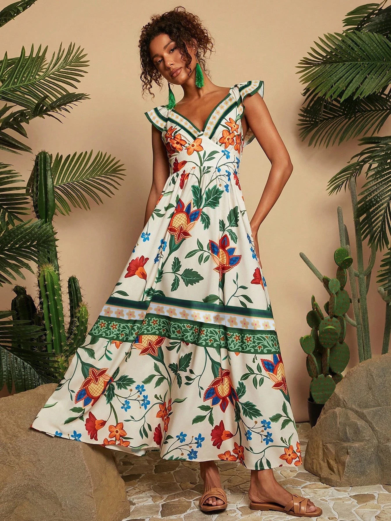 2026 Women's Tropical Print V-Neck Off-Shoulder Short-Sleeve Dress, Vacation, Summer, Summer Women's Clothing image 3