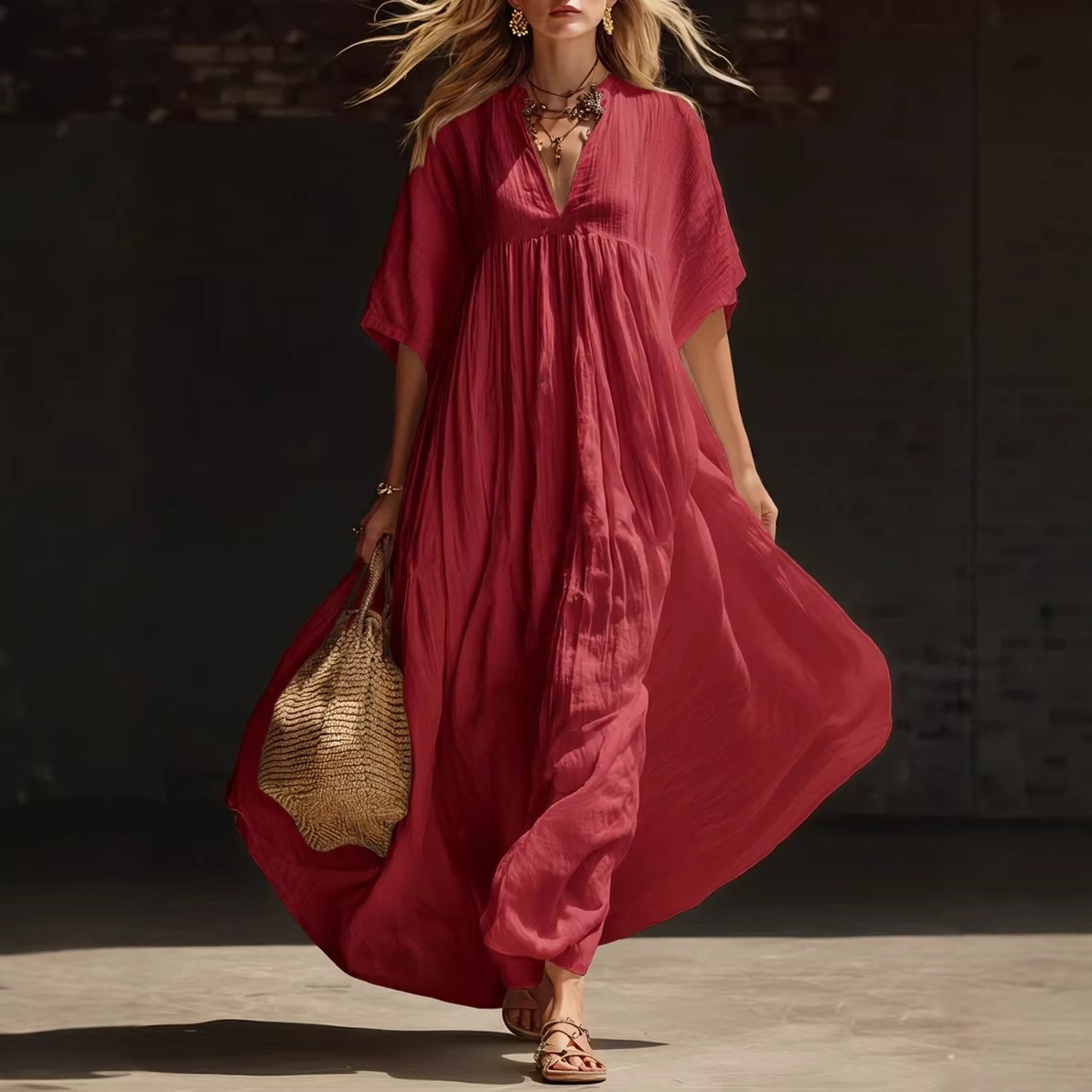 2026 European and American style new summer solid color casual loose beach vacation long V-neck women's dress image 1
