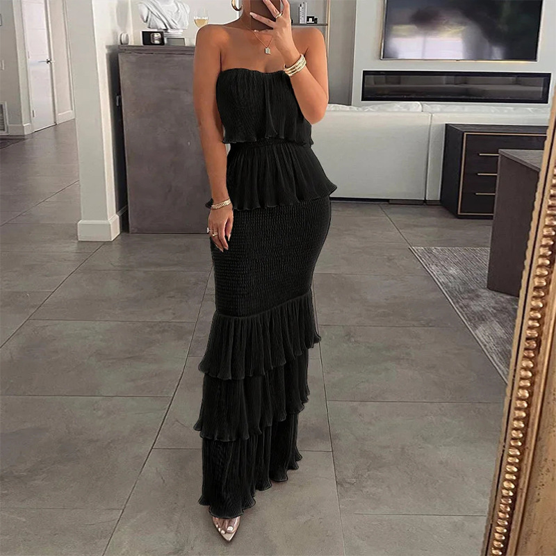 2026 Fashionable and Sexy Women's Clothing: Sleeveless Strapless Dress with Pleated Ruffles and Hem - Summer Style image 2