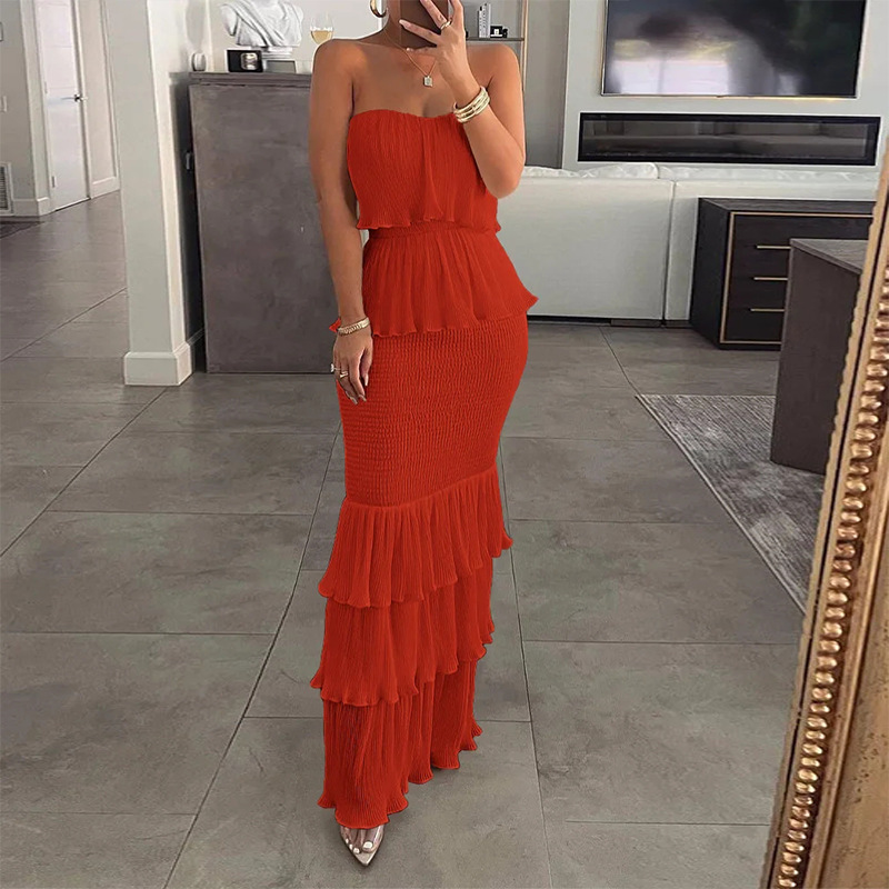 2026 Fashionable and Sexy Women's Clothing: Sleeveless Strapless Dress with Pleated Ruffles and Hem - Summer Style image 3